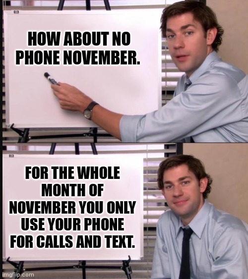 No phone November | HOW ABOUT NO PHONE NOVEMBER. FOR THE WHOLE MONTH OF NOVEMBER YOU ONLY USE YOUR PHONE FOR CALLS AND TEXT. | image tagged in jim halpert pointing to whiteboard,no phones,let it go,back to reality,disconnect | made w/ Imgflip meme maker