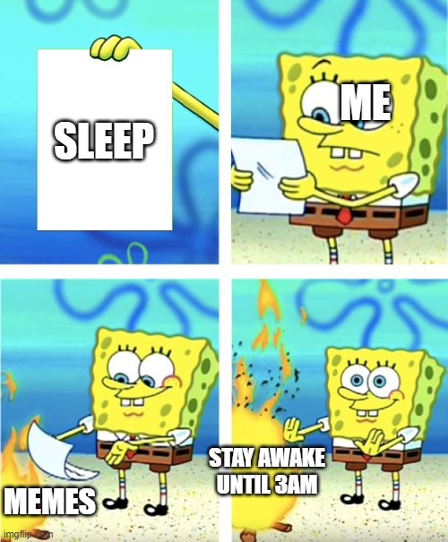 Spongebob Burning Paper | SLEEP; ME; STAY AWAKE UNTIL 3AM; MEMES | image tagged in spongebob burning paper | made w/ Imgflip meme maker
