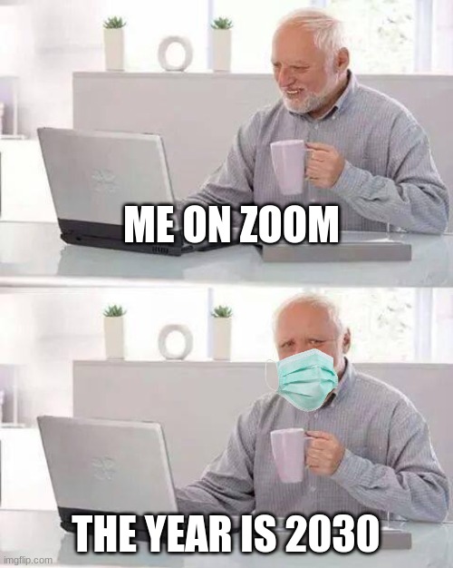 Covid is going to say awhile | ME ON ZOOM; THE YEAR IS 2030 | image tagged in memes,hide the pain harold | made w/ Imgflip meme maker