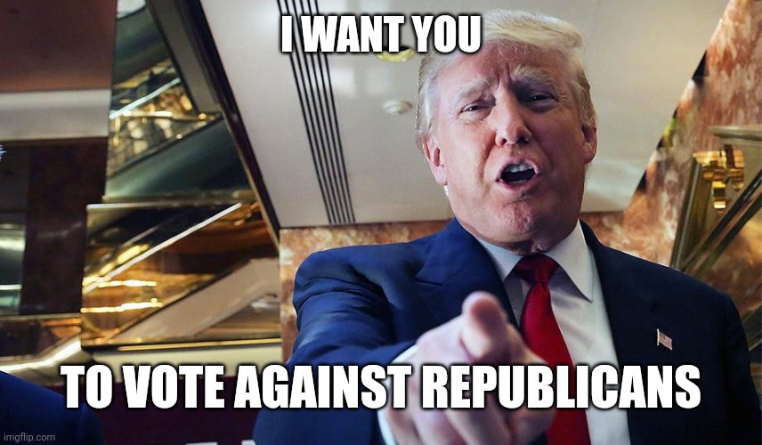 Trump I Want You | I WANT YOU; TO VOTE AGAINST REPUBLICANS | image tagged in trump i want you | made w/ Imgflip meme maker
