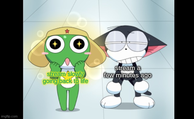 kuro and kerokero | stream a few minutes ago; stream slowly going back to life | image tagged in kuro and kerokero | made w/ Imgflip meme maker