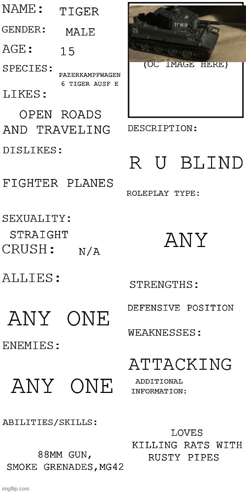 Tiger tonk | TIGER; MALE; 15; PAZERKAMPFWAGEN 6 TIGER AUSF E; OPEN ROADS AND TRAVELING; R U BLIND; FIGHTER PLANES; ANY; STRAIGHT; N/A; DEFENSIVE POSITION; ANY ONE; ATTACKING; ANY ONE; LOVES KILLING RATS WITH RUSTY PIPES; 88MM GUN, SMOKE GRENADES,MG42 | image tagged in updated roleplay oc showcase | made w/ Imgflip meme maker