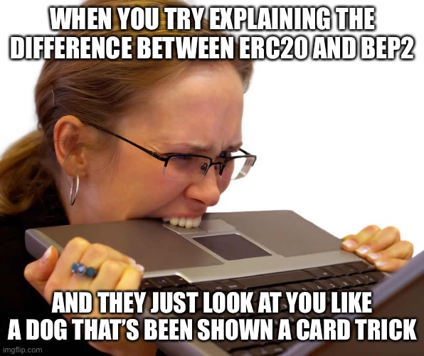 Frustrated | WHEN YOU TRY EXPLAINING THE DIFFERENCE BETWEEN ERC20 AND BEP2; AND THEY JUST LOOK AT YOU LIKE A DOG THAT’S BEEN SHOWN A CARD TRICK | image tagged in frustrated | made w/ Imgflip meme maker