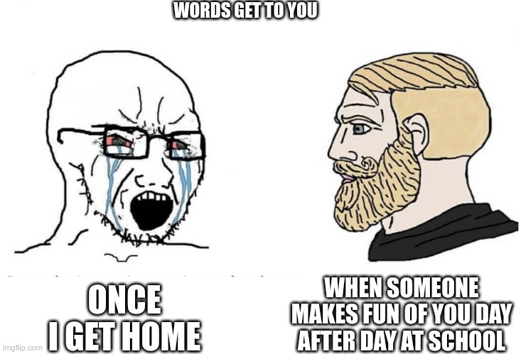 Soyboy Vs Yes Chad | WORDS GET TO YOU; WHEN SOMEONE MAKES FUN OF YOU DAY AFTER DAY AT SCHOOL; ONCE I GET HOME | image tagged in soyboy vs yes chad | made w/ Imgflip meme maker