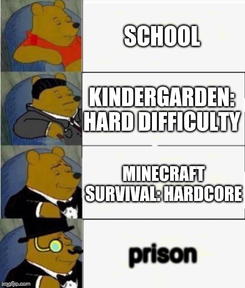 Tuxedo Winnie the Pooh 4 panel | SCHOOL; KINDERGARDEN: HARD DIFFICULTY; MINECRAFT SURVIVAL: HARDCORE; prison | image tagged in tuxedo winnie the pooh 4 panel | made w/ Imgflip meme maker