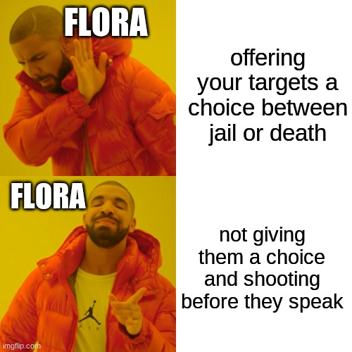 for context she assassinates people who have done horrible things and have escaped jail | FLORA; offering your targets a choice between jail or death; FLORA; not giving them a choice and shooting before they speak | image tagged in memes,drake hotline bling | made w/ Imgflip meme maker