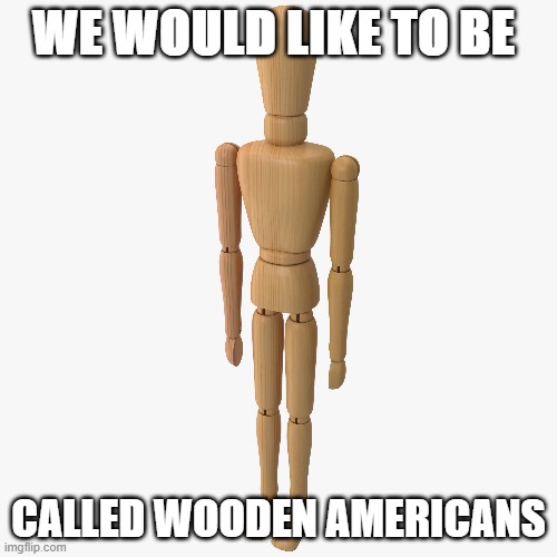 wooden americans | WE WOULD LIKE TO BE; CALLED WOODEN AMERICANS | image tagged in mannequin | made w/ Imgflip meme maker