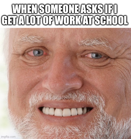 i want to cry | WHEN SOMEONE ASKS IF I GET A LOT OF WORK AT SCHOOL | image tagged in hide the pain harold | made w/ Imgflip meme maker