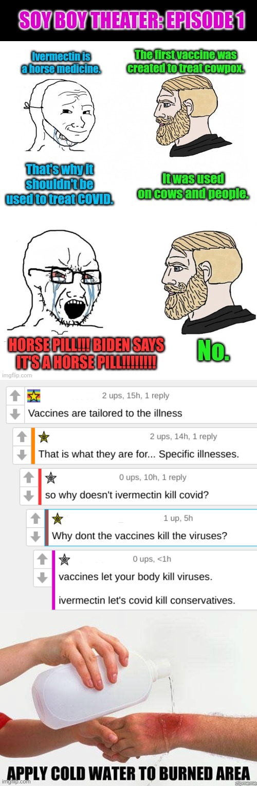 ivermectin logic | image tagged in apply cold water to burned area,stupid people,conservative logic,antivax,ivermectin,covid vaccine | made w/ Imgflip meme maker