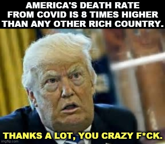 Donald, it's all yours. | AMERICA'S DEATH RATE FROM COVID IS 8 TIMES HIGHER THAN ANY OTHER RICH COUNTRY. THANKS A LOT, YOU CRAZY F*CK. | image tagged in trump dilated taken aback aghast surprised,trump,serial killer,covid-19,death | made w/ Imgflip meme maker