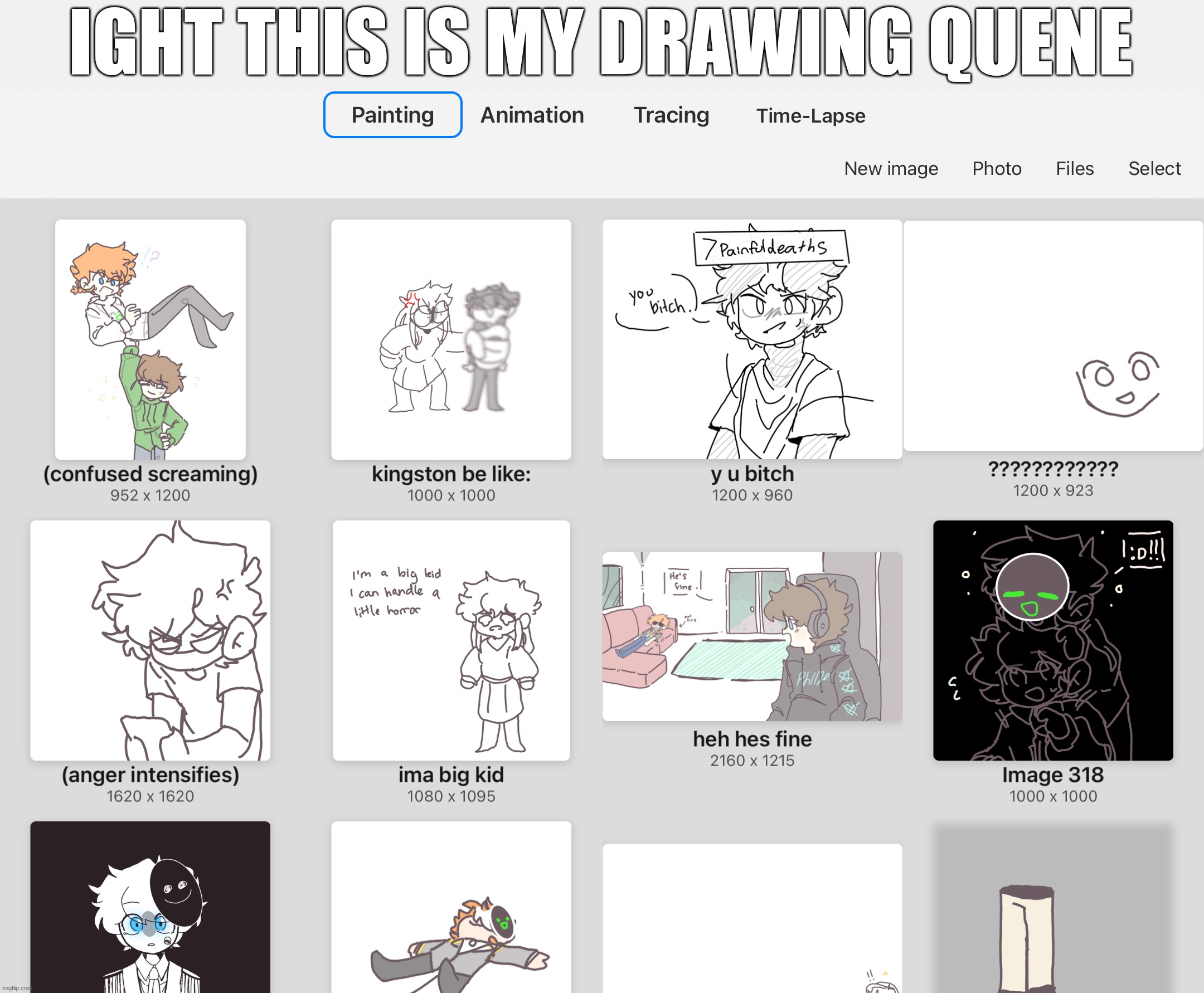 ight | IGHT THIS IS MY DRAWING QUENE | image tagged in ight,nero art,idk | made w/ Imgflip meme maker