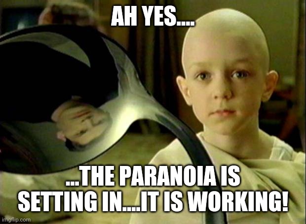 Spoon matrix | AH YES.... ...THE PARANOIA IS SETTING IN....IT IS WORKING! | image tagged in spoon matrix | made w/ Imgflip meme maker