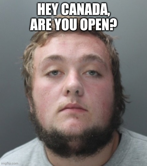 stares in neckbeard | HEY CANADA, ARE YOU OPEN? | image tagged in stares in neckbeard | made w/ Imgflip meme maker