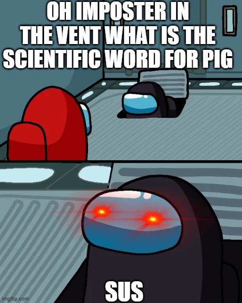 impostor of the vent | OH IMPOSTER IN THE VENT WHAT IS THE SCIENTIFIC WORD FOR PIG SUS | image tagged in impostor of the vent | made w/ Imgflip meme maker