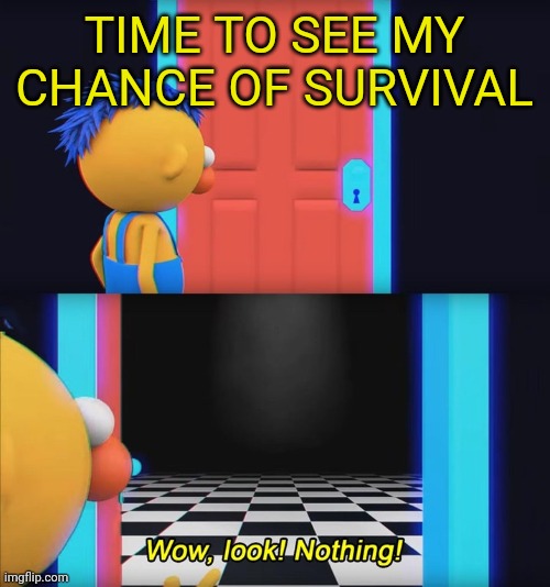 Wow, look! Nothing! | TIME TO SEE MY CHANCE OF SURVIVAL | image tagged in wow look nothing | made w/ Imgflip meme maker