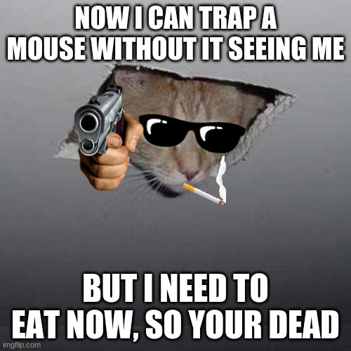 Ceiling Cat Meme | NOW I CAN TRAP A MOUSE WITHOUT IT SEEING ME; BUT I NEED TO EAT NOW, SO YOUR DEAD | image tagged in memes,ceiling cat | made w/ Imgflip meme maker