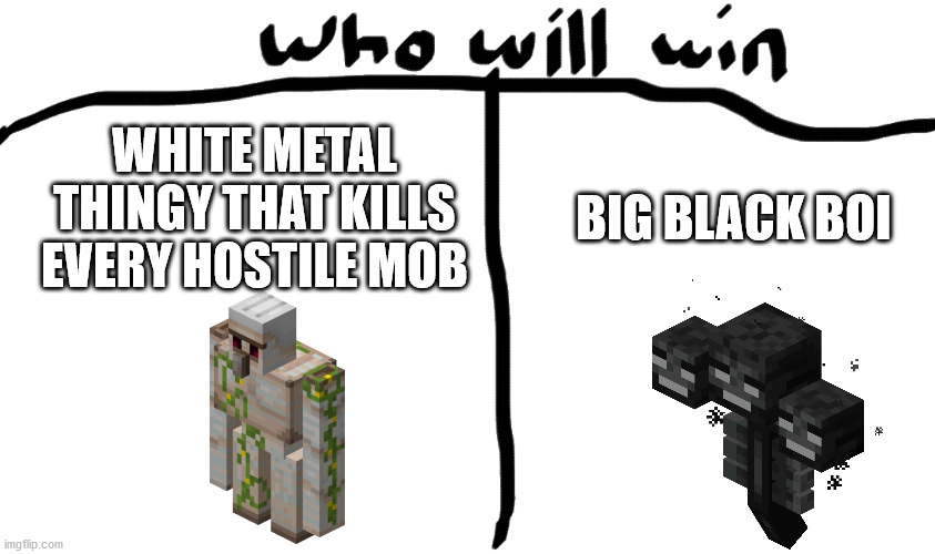 Minecraft Memes | BIG BLACK BOI; WHITE METAL THINGY THAT KILLS EVERY HOSTILE MOB | image tagged in who will win,minecraft,funny memes | made w/ Imgflip meme maker