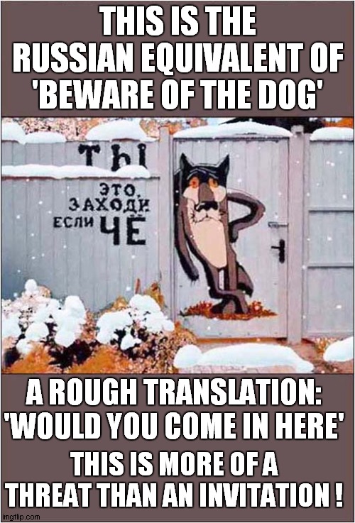 I Really Want To See The Dog ! | THIS IS THE RUSSIAN EQUIVALENT OF 'BEWARE OF THE DOG'; A ROUGH TRANSLATION: 'WOULD YOU COME IN HERE'; THIS IS MORE OF A THREAT THAN AN INVITATION ! | image tagged in dogs,russian,beware,google translate | made w/ Imgflip meme maker