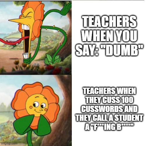 Got this idea from a meme I saw earlier today | TEACHERS WHEN YOU SAY: "DUMB"; TEACHERS WHEN THEY CUSS 100 CUSSWORDS AND THEY CALL A STUDENT A "F***ING B****" | image tagged in cuphead flower | made w/ Imgflip meme maker