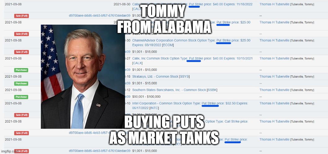 puts | TOMMY 
FROM ALABAMA; BUYING PUTS
AS MARKET TANKS | image tagged in senators | made w/ Imgflip meme maker