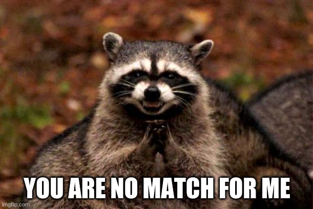 Evil Plotting Raccoon Meme | YOU ARE NO MATCH FOR ME | image tagged in memes,evil plotting raccoon | made w/ Imgflip meme maker