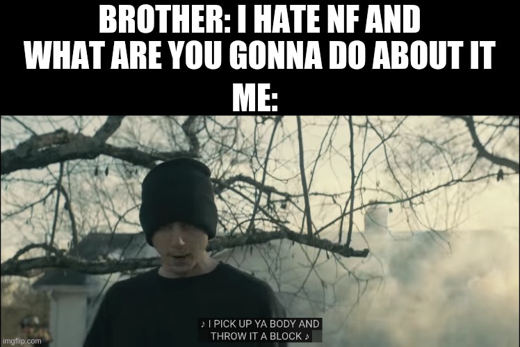 NF meme temp | BROTHER: I HATE NF AND WHAT ARE YOU GONNA DO ABOUT IT; ME: | image tagged in nf meme temp | made w/ Imgflip meme maker