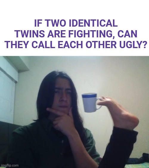 Think ? about it | IF TWO IDENTICAL TWINS ARE FIGHTING, CAN THEY CALL EACH OTHER UGLY? | image tagged in hmmmm,memes,fun,funny,hmm | made w/ Imgflip meme maker