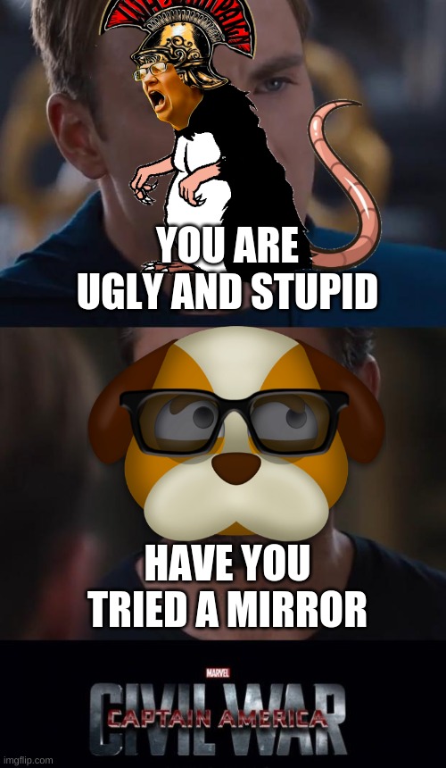 Marvel Civil War Meme | YOU ARE UGLY AND STUPID; HAVE YOU TRIED A MIRROR | image tagged in memes,marvel civil war | made w/ Imgflip meme maker