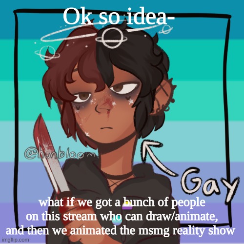 i d e a | Ok so idea-; what if we got a bunch of people on this stream who can draw/animate, and then we animated the msmg reality show | image tagged in r e e e picrew | made w/ Imgflip meme maker