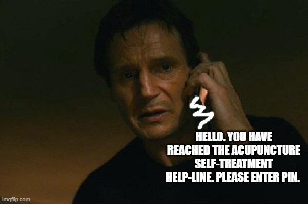 Liam neeson phone call |  HELLO. YOU HAVE REACHED THE ACUPUNCTURE SELF-TREATMENT HELP-LINE. PLEASE ENTER PIN. | image tagged in liam neeson phone call | made w/ Imgflip meme maker