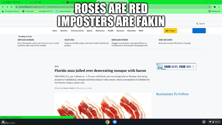 Day 4 of florida man | ROSES ARE RED
IMPOSTERS ARE FAKIN | image tagged in florida man,memes,meme,funny,bacon | made w/ Imgflip meme maker