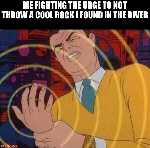 Must resist urge | ME FIGHTING THE URGE TO NOT THROW A COOL ROCK I FOUND IN THE RIVER | image tagged in must resist urge | made w/ Imgflip meme maker