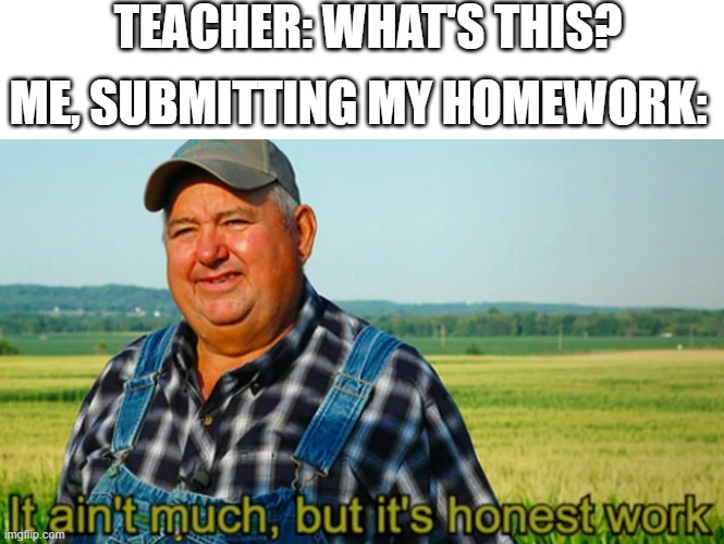 Homework in a nutshell | TEACHER: WHAT'S THIS? ME, SUBMITTING MY HOMEWORK: | image tagged in blank white template,it ain't much but it's honest work | made w/ Imgflip meme maker