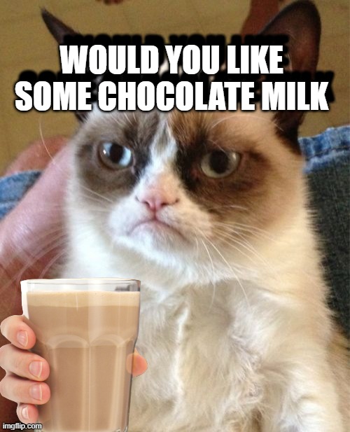 would you like some chocolate milk | WOULD YOU LIKE SOME CHOCOLATE MILK; WOULD YOU LIKE SOME CHOCOLATE MILK | image tagged in memes,grumpy cat,choccy milk | made w/ Imgflip meme maker