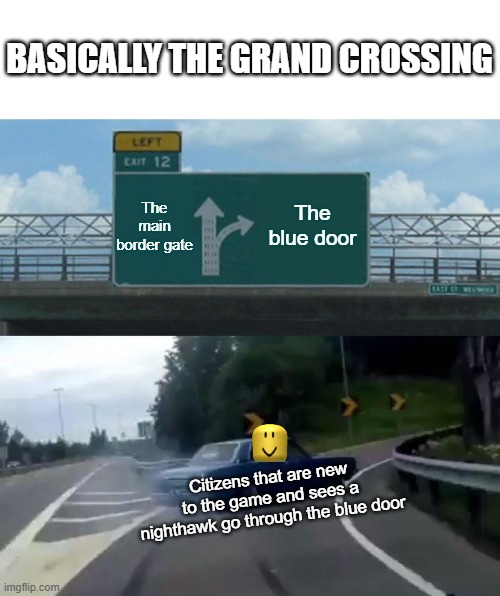 Basically the grand crossing | BASICALLY THE GRAND CROSSING; The main border gate; The blue door; Citizens that are new to the game and sees a nighthawk go through the blue door | image tagged in memes,left exit 12 off ramp,roblox,roblox meme | made w/ Imgflip meme maker