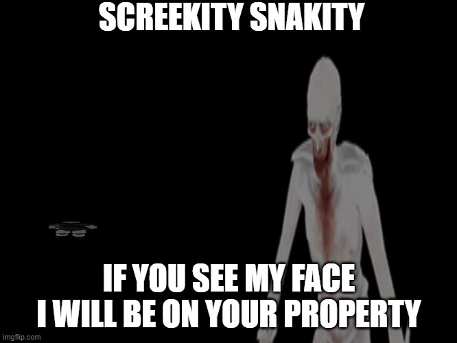 have you seen him thats also the last thing you see | SCREEKITY SNAKITY; IF YOU SEE MY FACE I WILL BE ON YOUR PROPERTY | image tagged in 096,is,a,screamy,boi | made w/ Imgflip meme maker