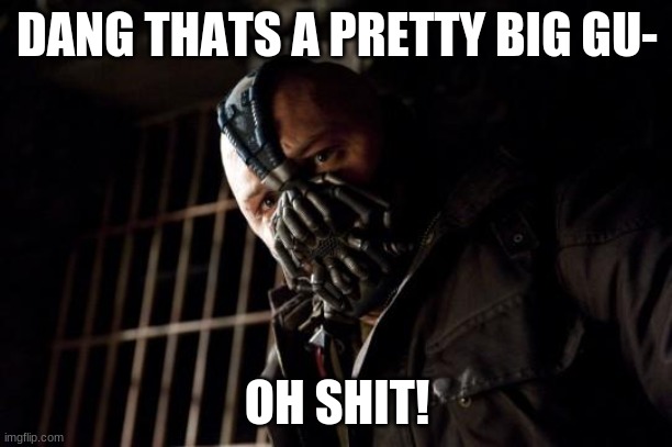 bane | DANG THAT'S A PRETTY BIG GU- OH SHIT! | image tagged in bane | made w/ Imgflip meme maker