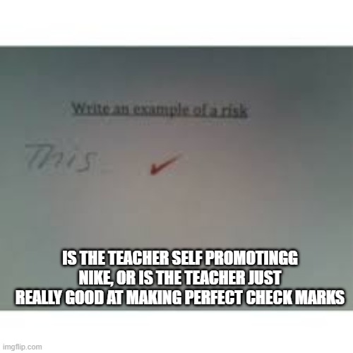 Sponsored for sure | IS THE TEACHER SELF PROMOTINGG NIKE, OR IS THE TEACHER JUST REALLY GOOD AT MAKING PERFECT CHECK MARKS | image tagged in nike,funny test answer | made w/ Imgflip meme maker