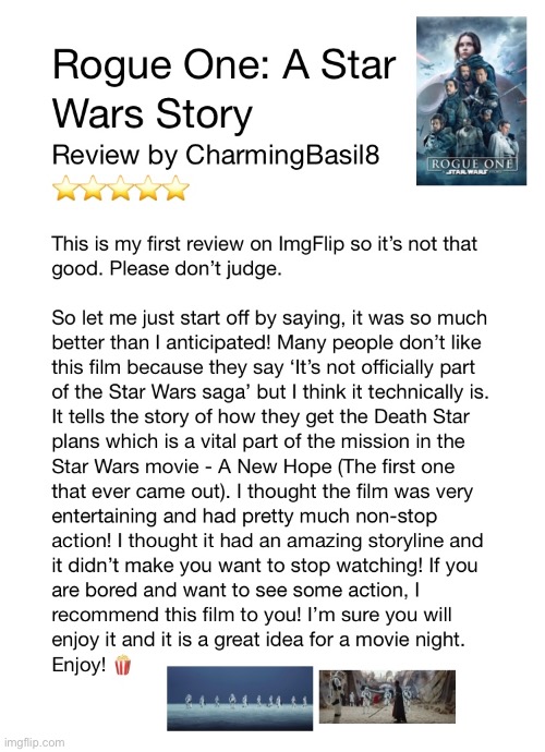 Rogue One: A Star Wars Story - MovieReview | image tagged in star wars,rogue one,moviereviews,movies,good,five stars | made w/ Imgflip meme maker
