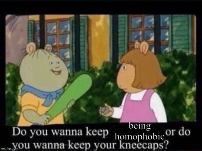 Me to all the Homophobes Out There | being homophobic | image tagged in kneecaps,gay pride,as a pansexual demigirl | made w/ Imgflip meme maker