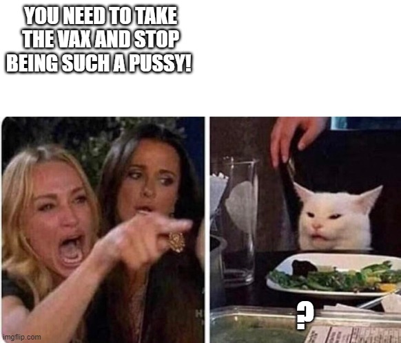 Lady screams at cat | YOU NEED TO TAKE THE VAX AND STOP BEING SUCH A PUSSY! ? | image tagged in lady screams at cat | made w/ Imgflip meme maker