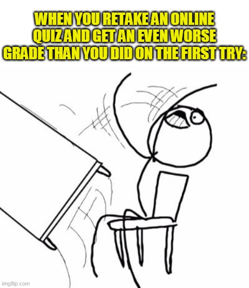 WHEN YOU RETAKE AN ONLINE QUIZ AND GET AN EVEN WORSE GRADE THAN YOU DID ON THE FIRST TRY: | image tagged in try,quiz,online school,computer guy and table flip guy,frustration,relateable | made w/ Imgflip meme maker