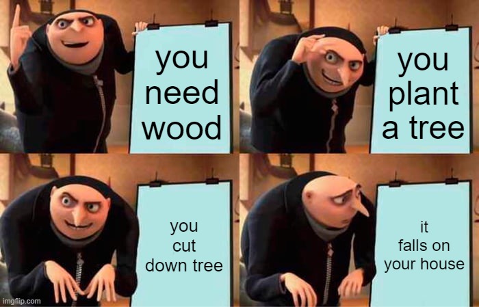 Gru's Plan | you need wood; you plant a tree; you cut down tree; it falls on your house | image tagged in memes,gru's plan | made w/ Imgflip meme maker