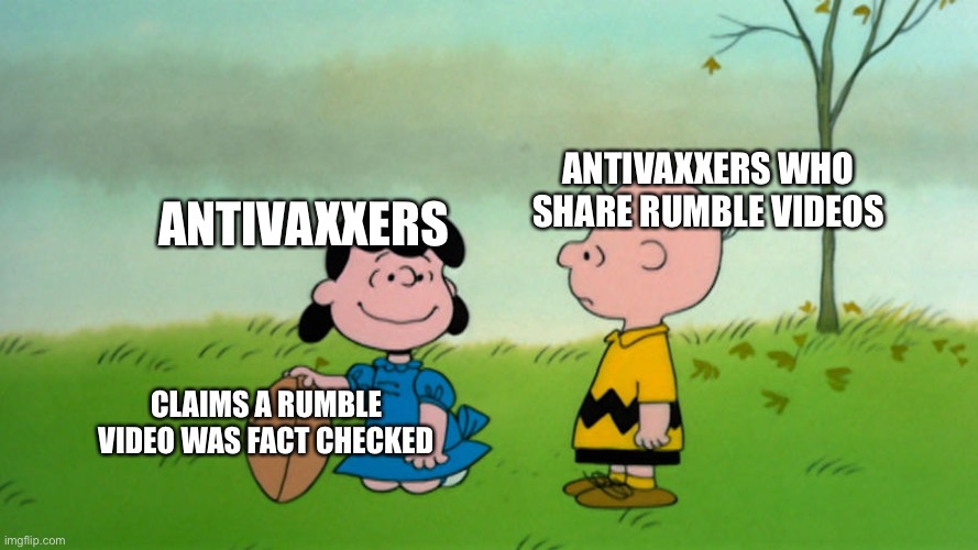 Lucy with Football | ANTIVAXXERS; ANTIVAXXERS WHO SHARE RUMBLE VIDEOS; CLAIMS A RUMBLE VIDEO WAS FACT CHECKED | image tagged in lucy with football | made w/ Imgflip meme maker