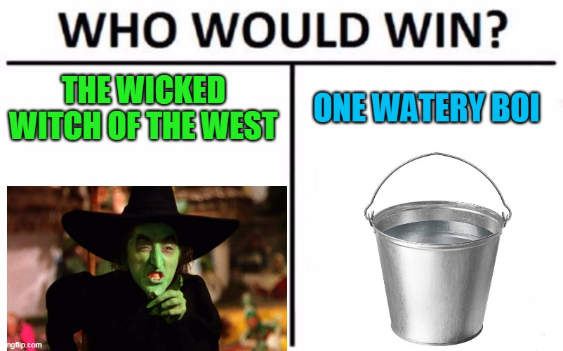 People who have seen "The Wizard of Oz" will get this. | THE WICKED WITCH OF THE WEST; ONE WATERY BOI | image tagged in memes,who would win,the wizard of oz,wicked witch of the west,water,bucket | made w/ Imgflip meme maker