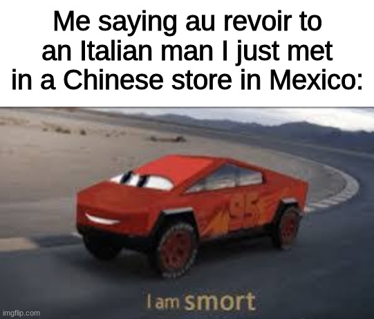 Smort |  Me saying au revoir to an Italian man I just met in a Chinese store in Mexico: | image tagged in smort mcqueen,lol,boi,oh wow are you actually reading these tags,stop reading the tags | made w/ Imgflip meme maker