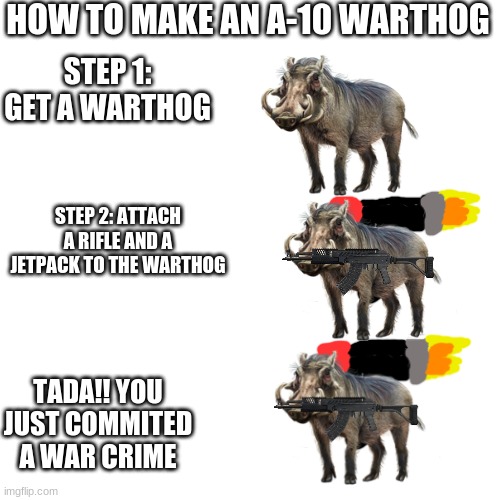 5-Minute Crafts | HOW TO MAKE AN A-10 WARTHOG; STEP 1: GET A WARTHOG; STEP 2: ATTACH A RIFLE AND A JETPACK TO THE WARTHOG; TADA!! YOU JUST COMMITED A WAR CRIME | image tagged in dank memes,blank white template,war criminal,ive committed various war crimes | made w/ Imgflip meme maker