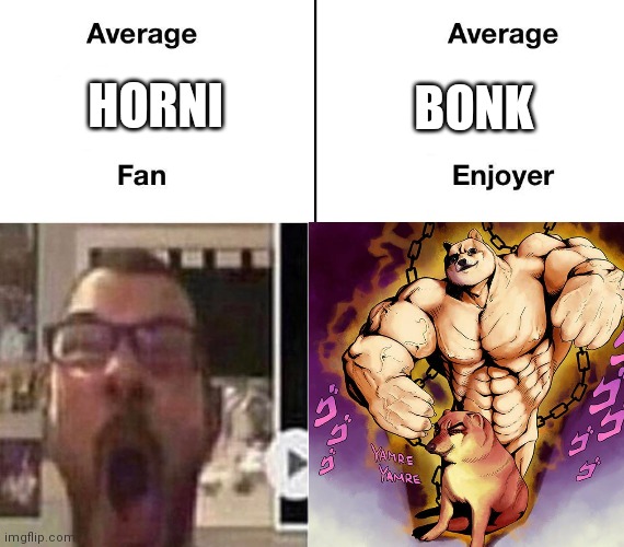 Join the Bonk army | HORNI; BONK | image tagged in bonk,jojo's bizarre adventure,buff doge vs cheems | made w/ Imgflip meme maker