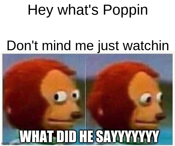 Monkey Puppet | Hey what's Poppin; Don't mind me just watchin; WHAT DID HE SAYYYYYYY | image tagged in memes,monkey puppet | made w/ Imgflip meme maker