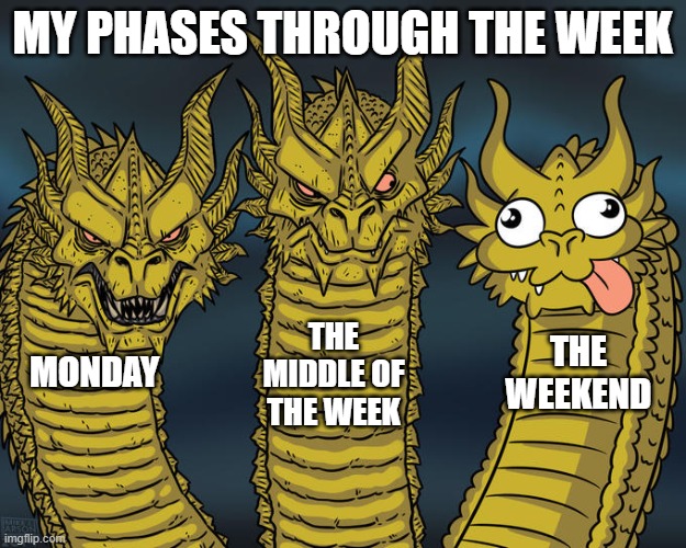 that weekend face recharges you | MY PHASES THROUGH THE WEEK; THE MIDDLE OF THE WEEK; THE WEEKEND; MONDAY | image tagged in three-headed dragon | made w/ Imgflip meme maker